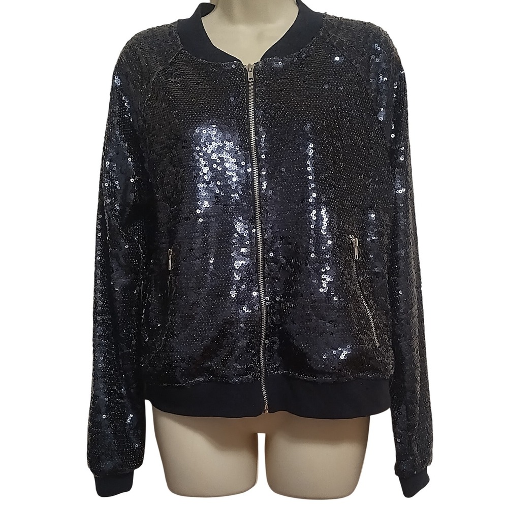 Hype Sequined Zip Up Womens Bomber Jacket Size Large Black Shiny Glam 80s Vibe